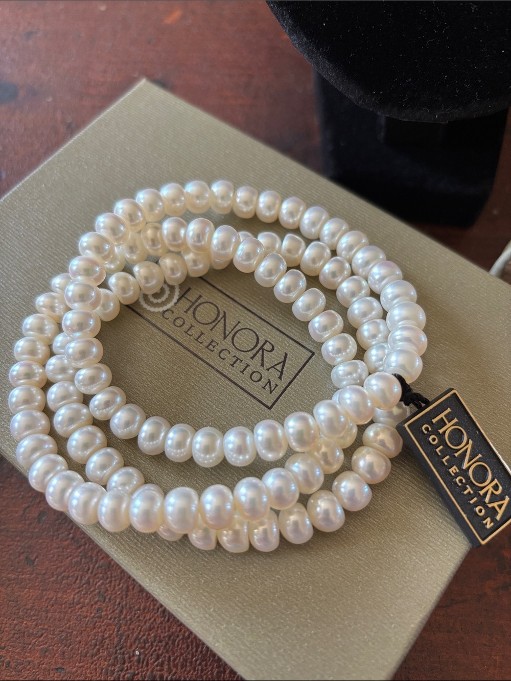 Honora 3 White Pearl Stretch Bracelet Set with Floral Pouch